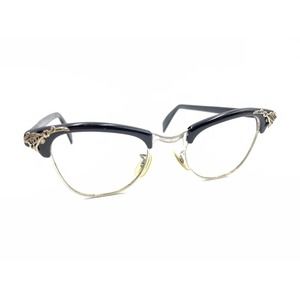 Shuron Vintage Black Silver Cat Eye Eyeglasses Frames 44-22 140 USA Retro